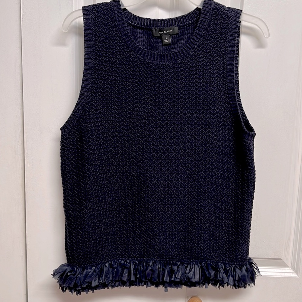 Ann Taylor Dark Navy Blue Sleeveless Fringe Bottom Cotton Blend Knit Top Size M
